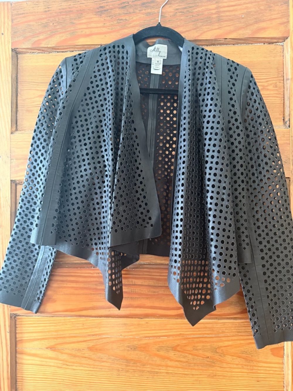 Milly Black Lamb Leather Perforated Open-Front Jacket